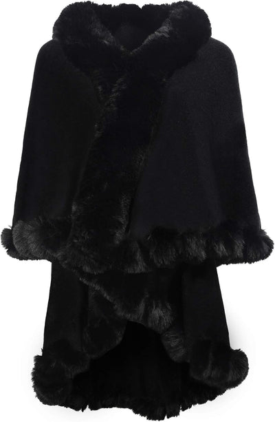 Women Fine Knit Open Front Faux Fur Trim Layers Poncho Cape Cardigan Sweater