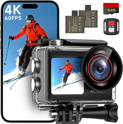 4K60FPS 30MP Action Camera with Front LCD and Touch Rear Screens, Underwater Camera with 64GB Memory Card, 132FT Waterproof Camera, EIS, 5X Zoom, Wifi Remote Control（Black）