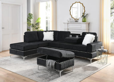 L Shape Sectional Sofa Couch, 3-Seaters Sofa with Reversible Chaise, Storage Ottoman and Cup Holders, Metal Legs and Copper Nails, Two White Villose Pillows, Black, L Shape-1