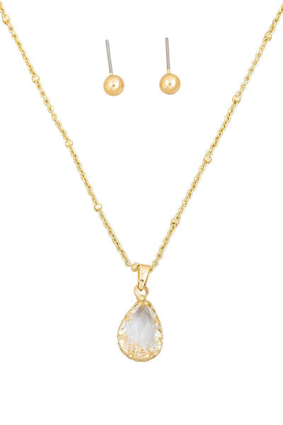 Crystal Teardrop Necklace & Small Ball Earring Set