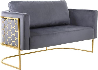 692Grey-L Casa Collection Velvet Upholstered Loveseat with Gold Iron Metal Design and Gold Finish, Grey, 63.5" W X 29.5" D X 31" H